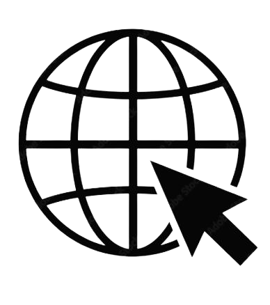 A black and white icon of a globe with a mouse pointer.